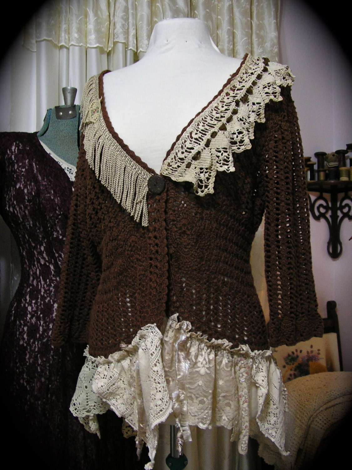 Vintage Shabby Sweater boho brown sweater romantic chic