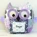 Personalized Large Patchwork Owl Tooth Fairy Pillow Stuffed Plush Toy Baby Girl or Toddler - Lilac and Gray