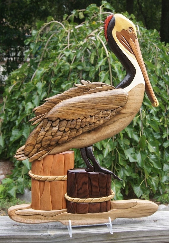 Items similar to Brown Pelican Intarsia Wall Hanging Wood Carving