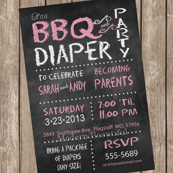 Chalkboard Couples BBQ and diaper Baby Shower Invitation, chalkboard, pink, diaper invitation, couple baby shower, printable invitation Il_570xn
