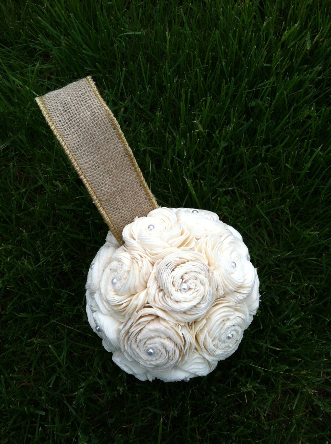SOLA flower kissing ball with Burlap and pearls