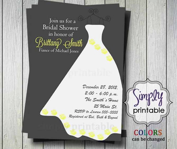 Yellow/Gray Wedding Dress Bridal Shower Invitation (Printable Digital File) Il_570xn