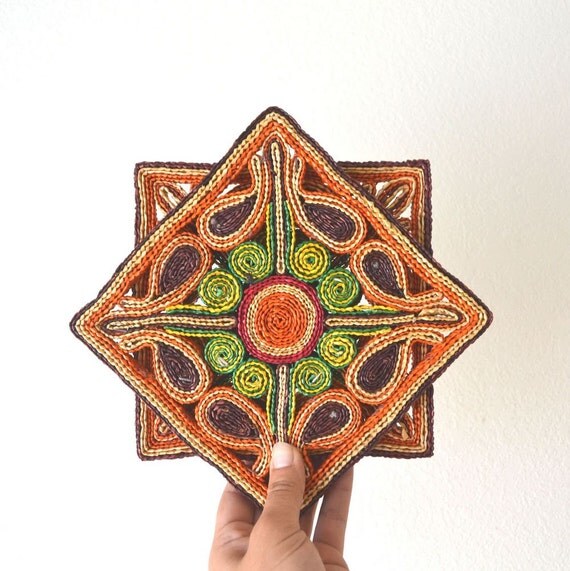 Vintage Straw Trivets Colorful 1970s Woven Square Trivet Set