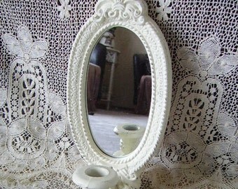 Shabby French country Romantic, Mirrored Candle Sconce, distressed, creamy white, painted vintage