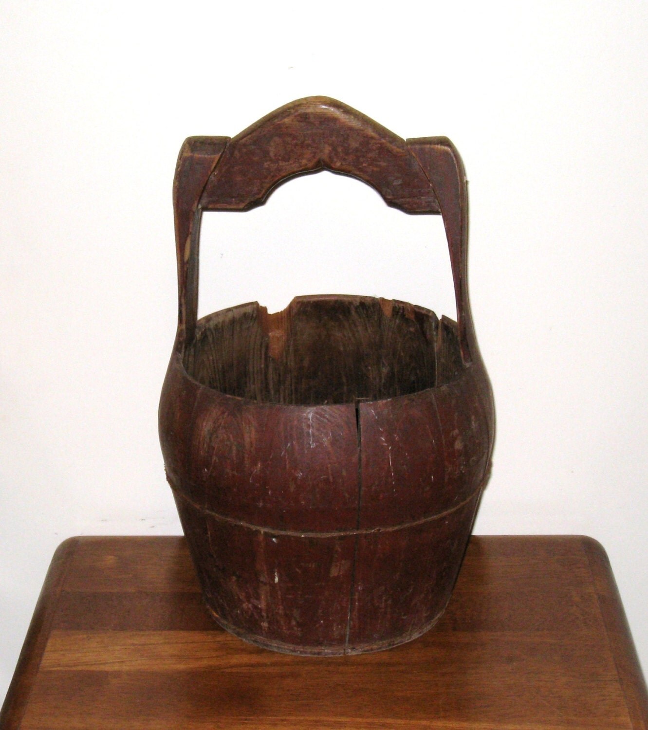 SALE 1800s Chinese Wooden Well Water Bucket Staved / Grain