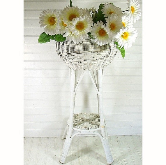 Vintage Large Round White Woven Wood Wicker Plant Stand   Il 570xN.461072199 8ou7 