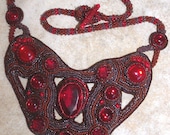 Chocolate Cherry Bead Embroidered Necklace, Vintage Royal Ruby Glass necklace