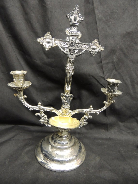 Antique 1896 Silver plate Sick Call Crucifix Candle Holder