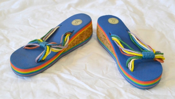 1970s Blue Rainbow Wedge Sandals Size 8 by KrisVintageClothing