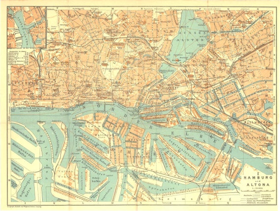 1925 Hamburg and Altona City Plan Street Map Port Germany