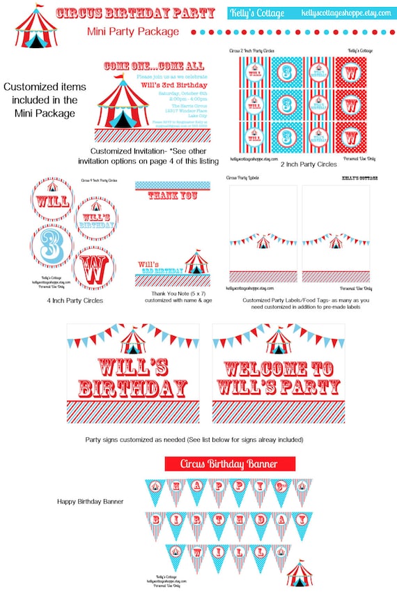Circus Birthday Party Mini Package...Custom, Printable DIY Package Il_570xn