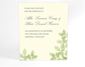 Green Leaves Save The Date Cards, Spring and Summer Wedding Announcements, Tree Branches with Simple Timeless Leaves, Rustic Bucolic Charm