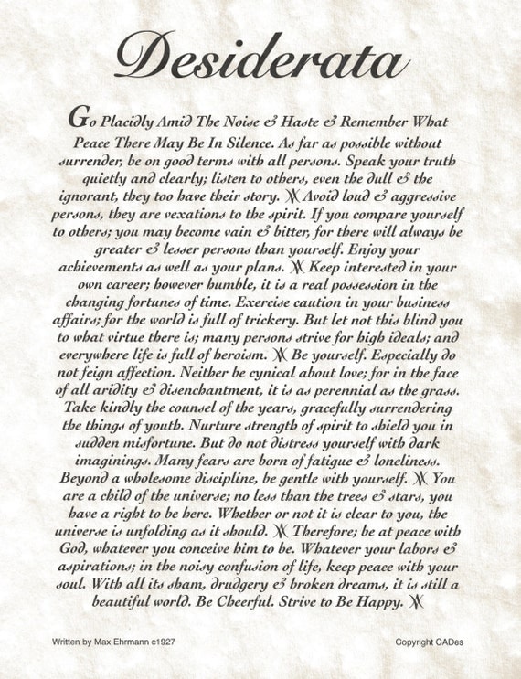 Desiderata Poem Art Print on Fine Archival Parchment mydesb