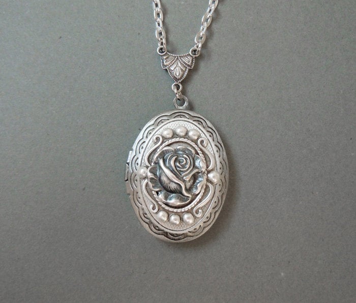 Winter Rose-- Antique Locket -- Silver Locket--gift for her.Mother's Day gift.Valentine's gift rose locket.photo locket steampunk buy now online