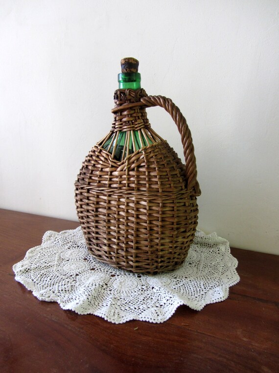 Large Antique French Wicker Covered Wine Bottle Home Decor