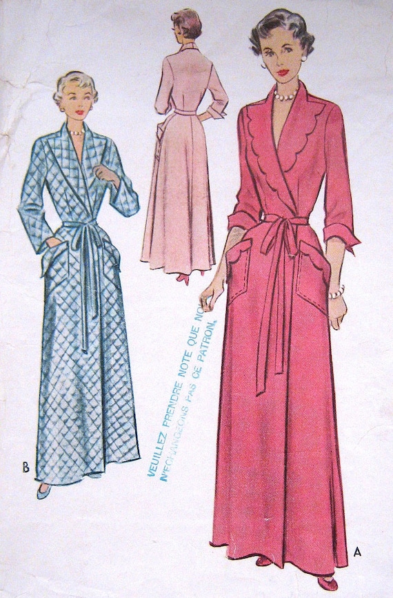Vintage 1950s Bath Robe Housecoat Pattern Long Evening