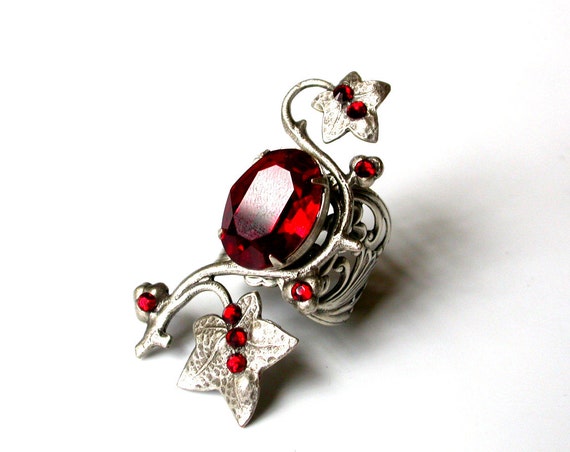 Red Swarovski Ring - Statement Ring Silver Ring Gothic Ring - Floral Ring - Large Ring - Women Fantasy Ring  - Gothic Jewelry
