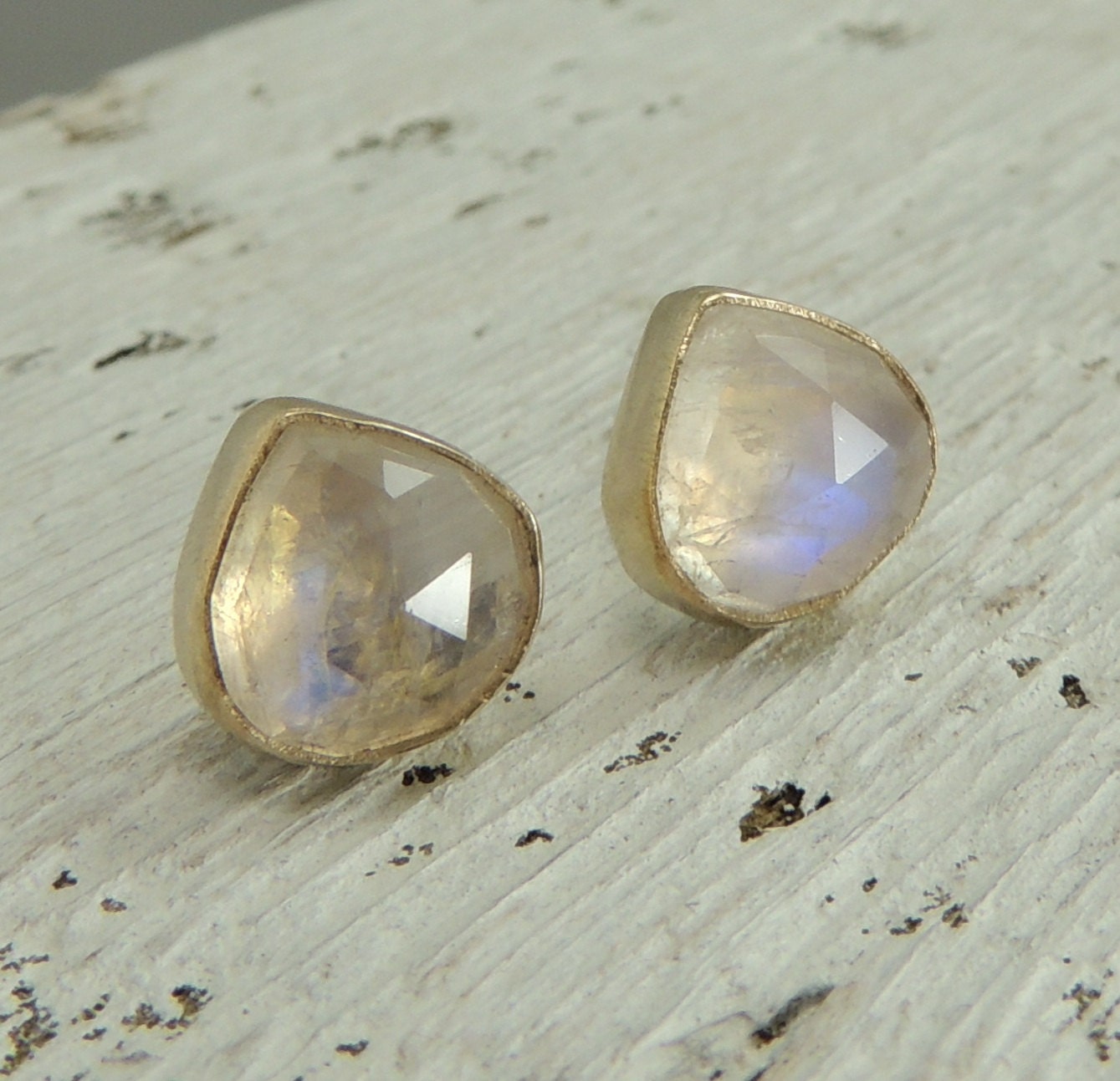 Moonstone Stud Earrings 14k gold Rose Cut by PointNoPointStudio