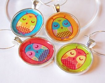Owl Wine Charms, Owl charms, Wine Glass Charms, Wine Charms, silver plated, bright colors, barware, entertaining (2003)