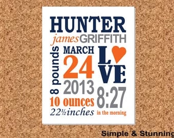 8x10, Custom Birth Print, Baby Announcement, Birth Announcement, "Hunter"