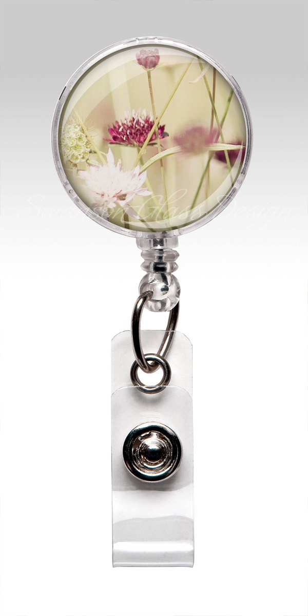 Retractable Badge Holder Pink Flowers Name Badge Reel Clips
