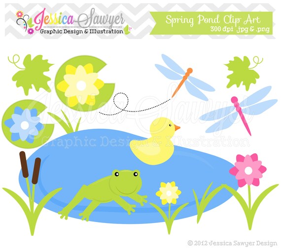 INSTANT DOWNLOAD, spring pond clipart - frog clip art - spring graphic - flower image - commercial use - pond scene Il_570xn