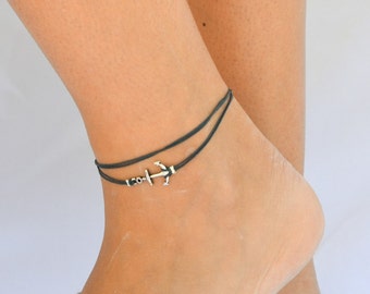 Anchor anklet, blue dainty wrap anklet with a silver anchor charm, blue ankle bracelet, gift for her, nautical, minimalist jewelry, sailing