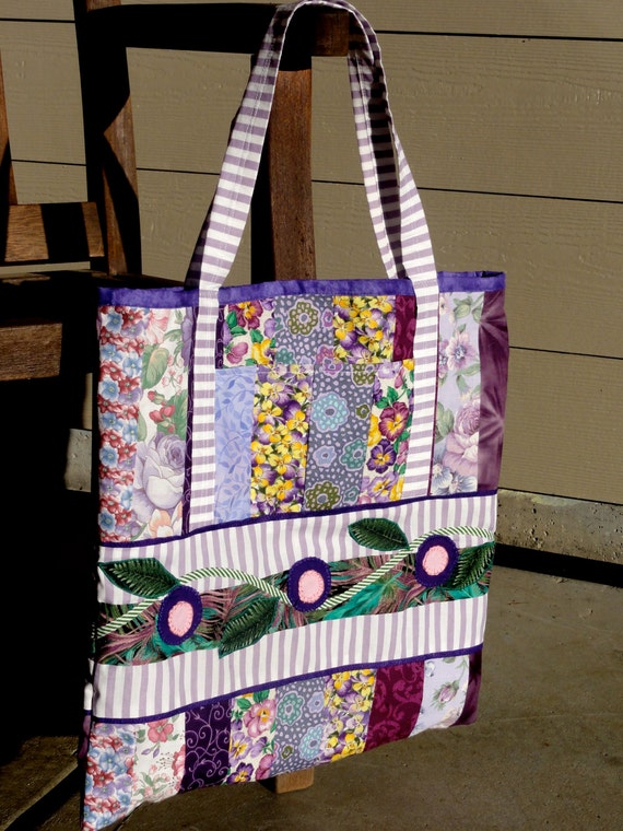 Items similar to Carry all, tote, purple and lavender with appliqued ...