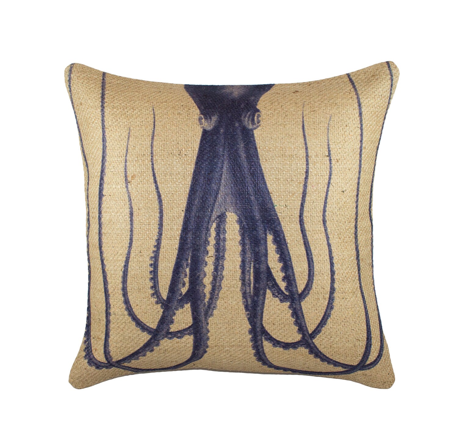 Burlap Octopus Pillow Nautical Cushion Beige Navy Coastal