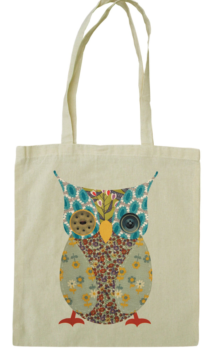 Cute owl cotton tote bag vintage fabric and button design