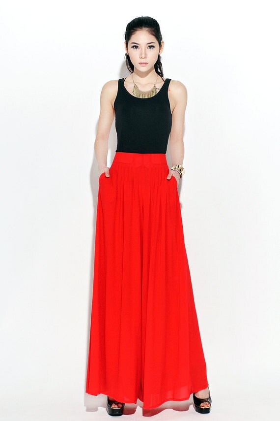 Graceful Casual Wide leg Long Chiffon Pants in red