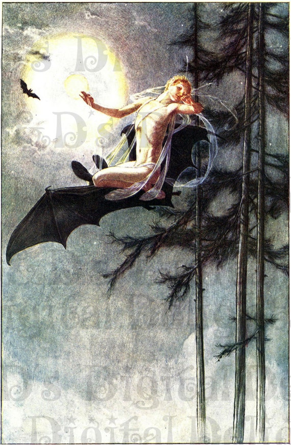 Offbeat Odd FAIRY Riding A Big Bat. Vintage Fairy