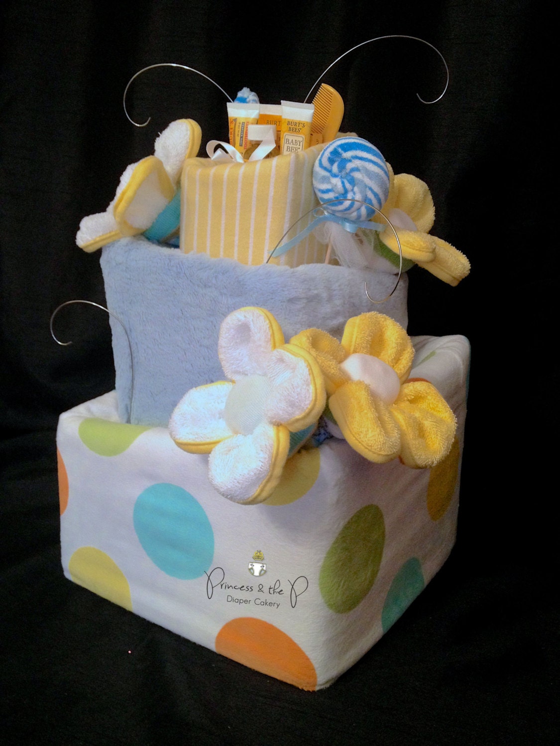 Square Topsy Turvy Diaper Cake Diaper Cake by PrincessAndThePbaby