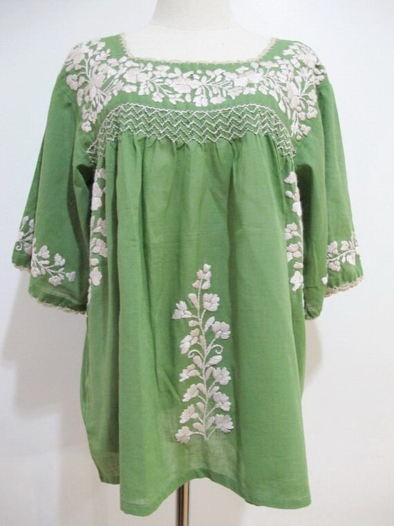 XL Embroidered Mexican Blouse Cotton Top In Green Boho
