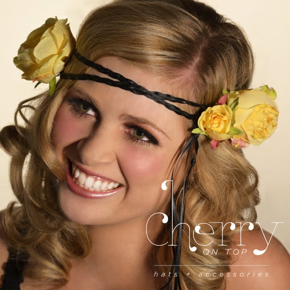 Aquarious Yellow rose and black satin ribbon headwrap with