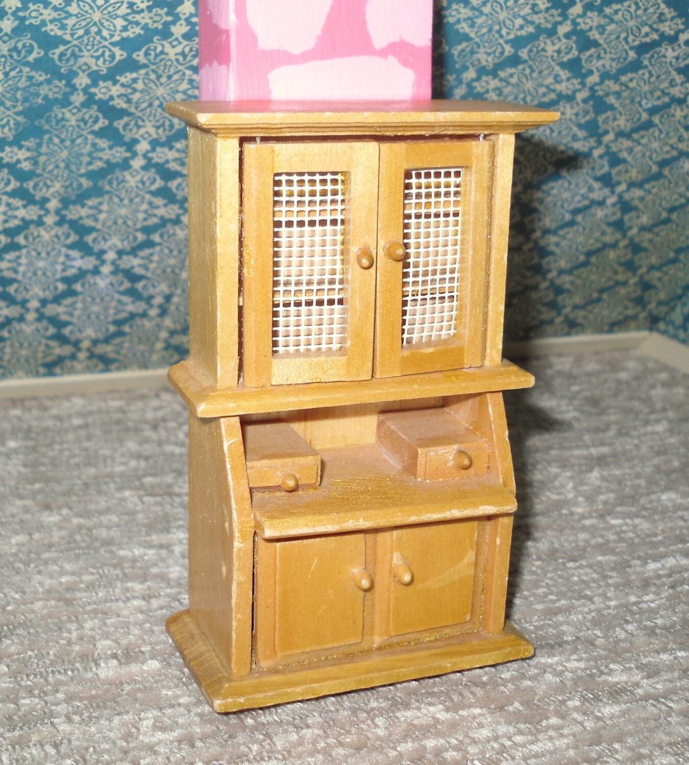 Miniature dollhouse vintage wooden hutch with built in desk Haute Juice