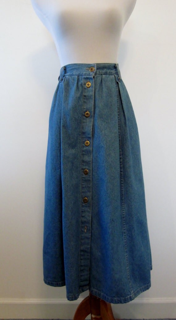 Vintage Denim Skirt Elastic Waist Button Front Wrap Skirt Long