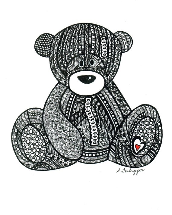 Items similar to Black and White Zentangle Teddy Bear drawing Print on Etsy
