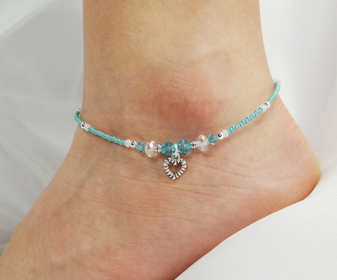 Anklet Ankle Bracelet Heart Dangle Charm Turquoise Blue