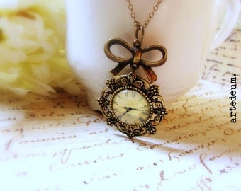 Watch Necklace Pendant with bow and antique bronze doily setting Antique Style vintage Jewelry Gift for her - Time goes By