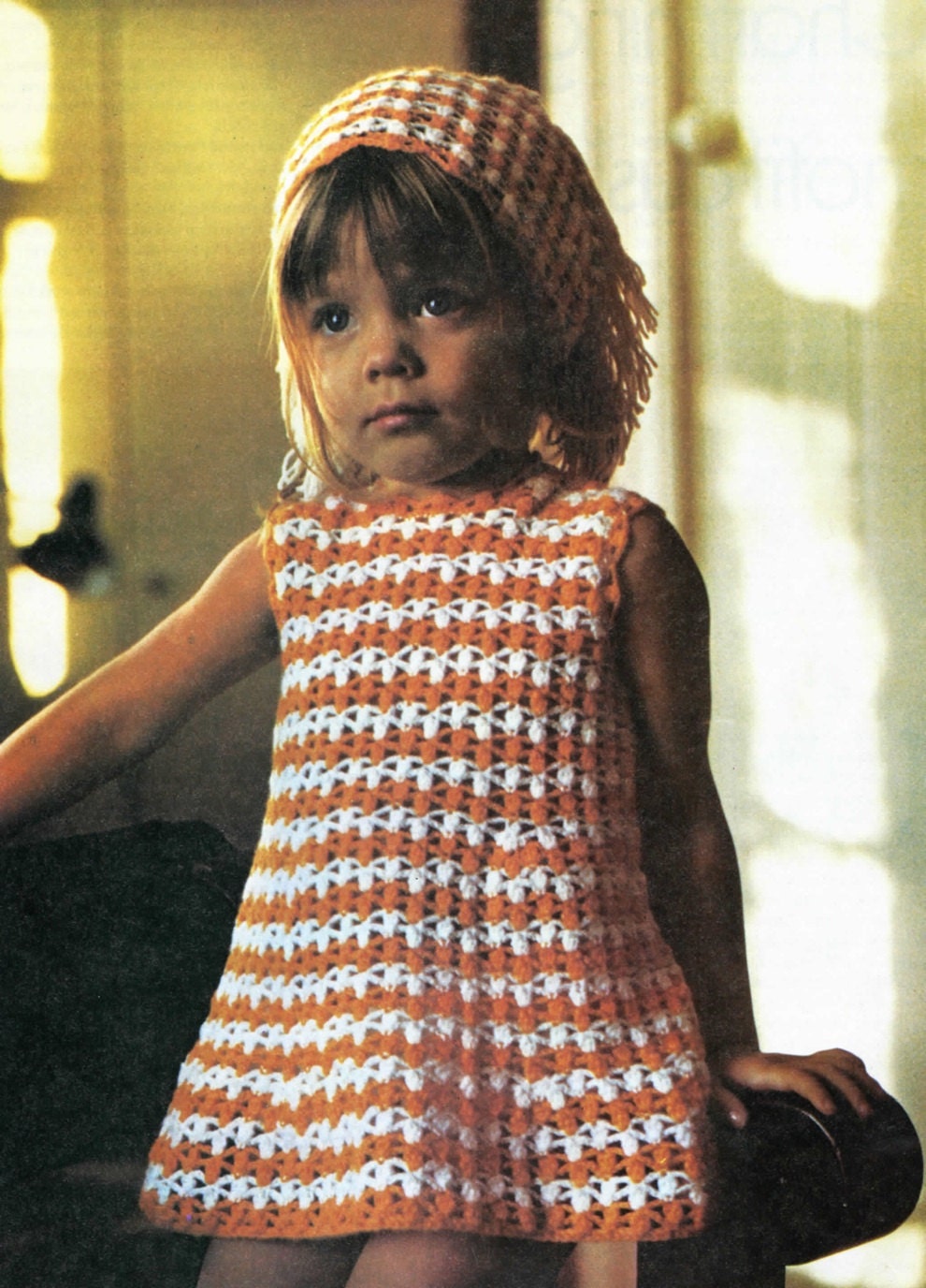 Delightful Girls Crochet Dress with Matching Head Scarf