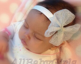 Silver Headband, Baby Headband, Bow Headband, Newborn Headband, Infant Headbands, Newborn Headband, Headband Bow, Bow Silver Headband