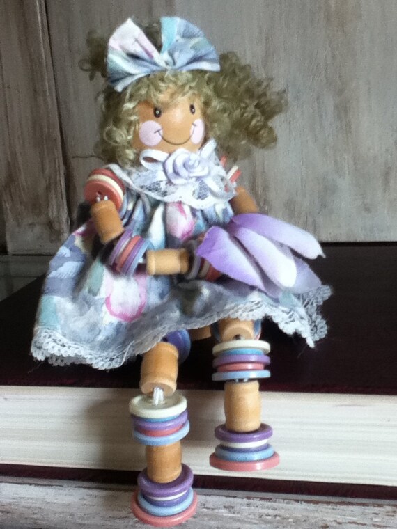 Cute Button and Thread Spool Doll Vintage Pink Blue and