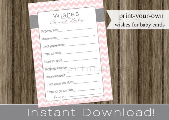 Baby Shower Wishes for Baby girl , pink chevron and gray , INSTANT DOWNLOAD diy digital printable file print your own , babyshower Il_570xn