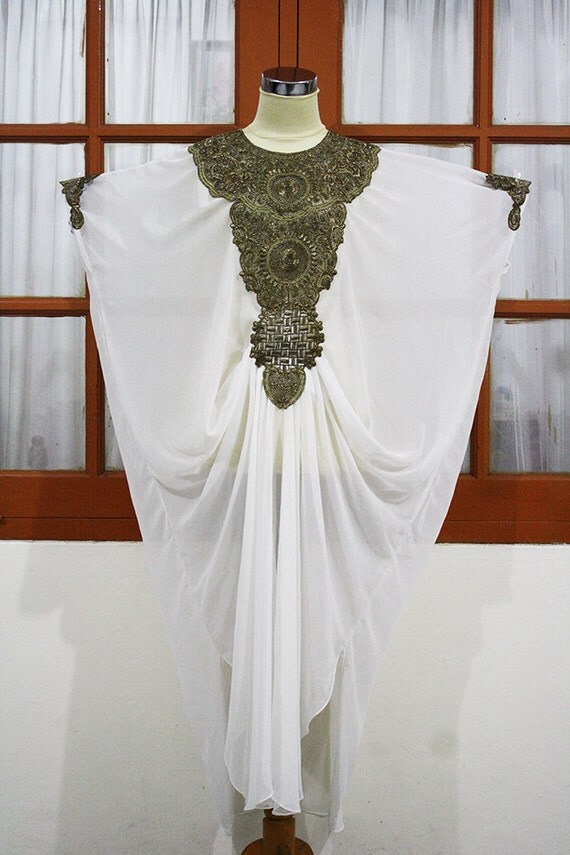 white moroccan kaftan Dubai style gold embroidery abaya maxi dress ...