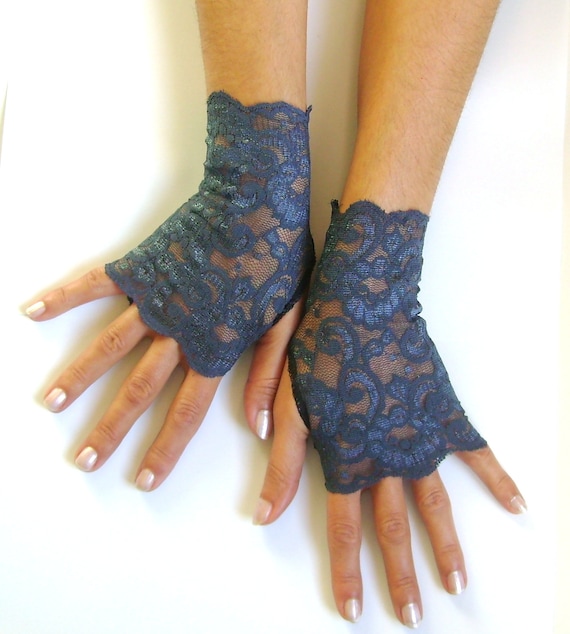 Navy Blue lace gloves free ship wedding prom bridal burlesque