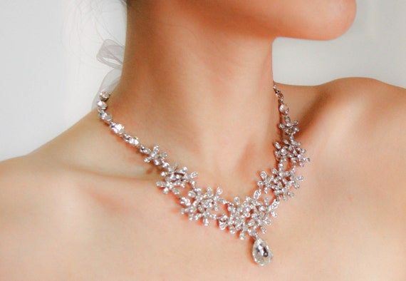 SALE Wedding Jewelry Set Crystal, OOAK Bridal bib necklace earrings set , Crystal statement Necklace, crystal rhinestone necklace earring