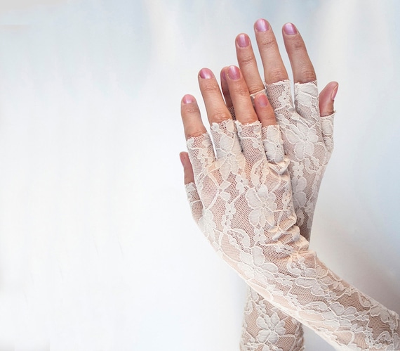 Items similar to Beige Lace Gloves. Fingerless with Cut Fingers. Floral ...