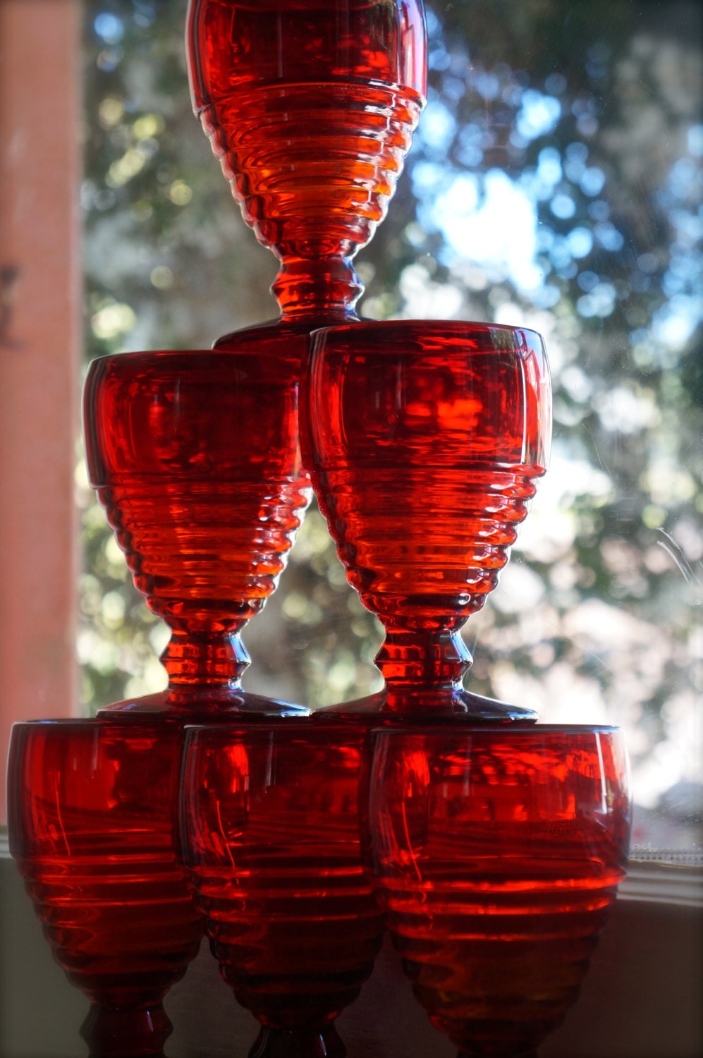 Ruby Red Goblets Beehive Glasses Art Glass Depression Glass