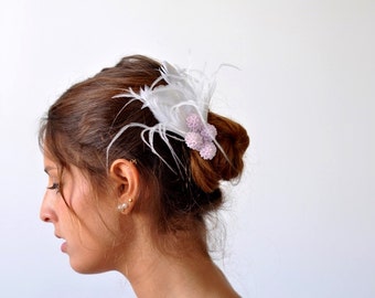 Bridal Feather Headpiece ,Wedding Feather Fascinator ,Bridal flower feather bridal flower Head piece, hair clip , bridal floral Headpiece